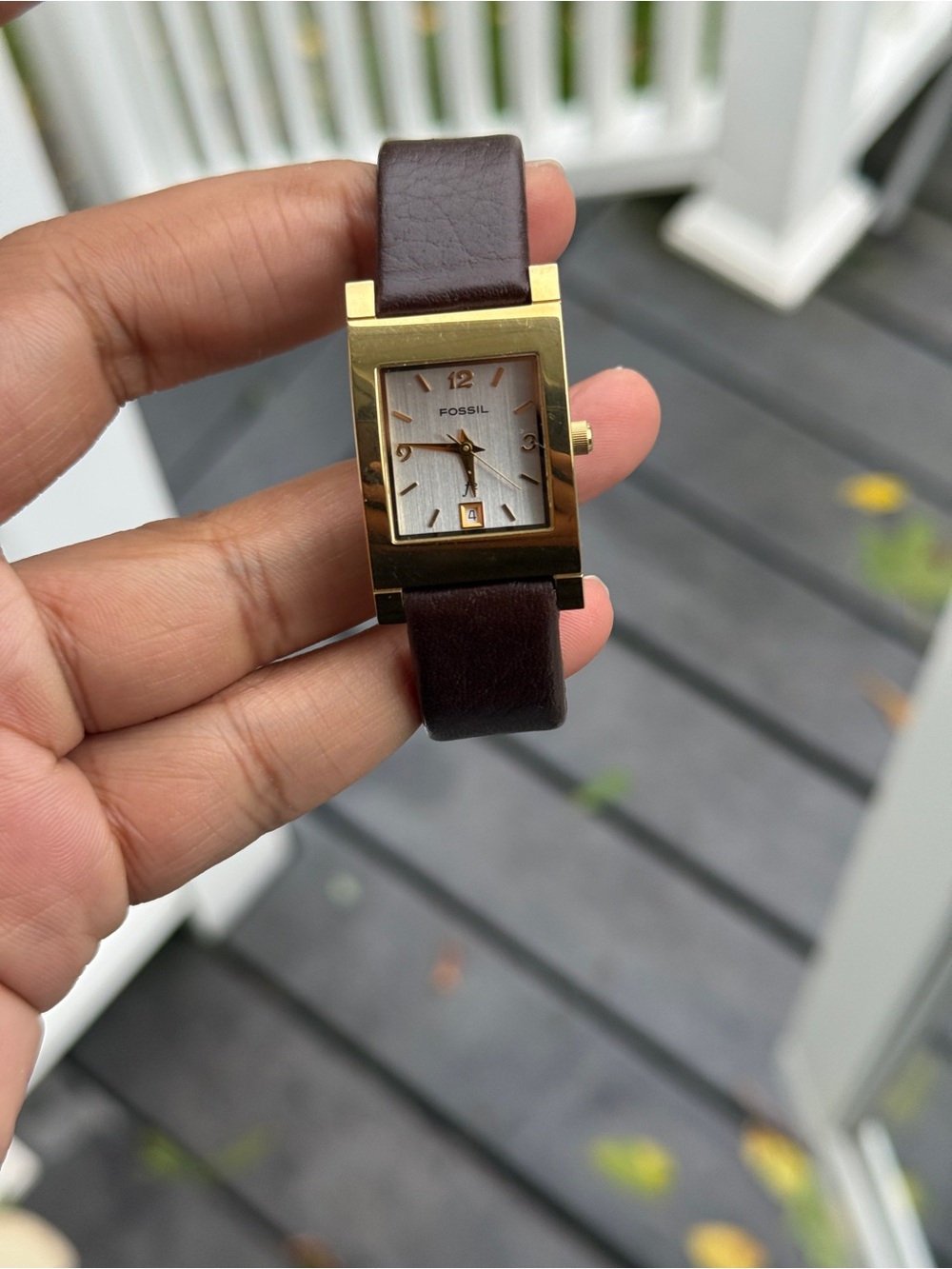 Fossil Womens Gold-Tone Rectangular Watch with Dark Brown Leather Strap